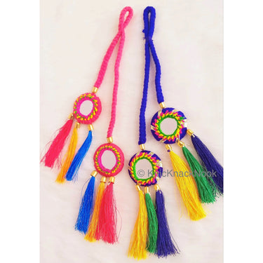 Pink / Blue Braid With Pink / Green, Yellow and Blue Tassels with Mirror Embellishments,Bohemian Tassels